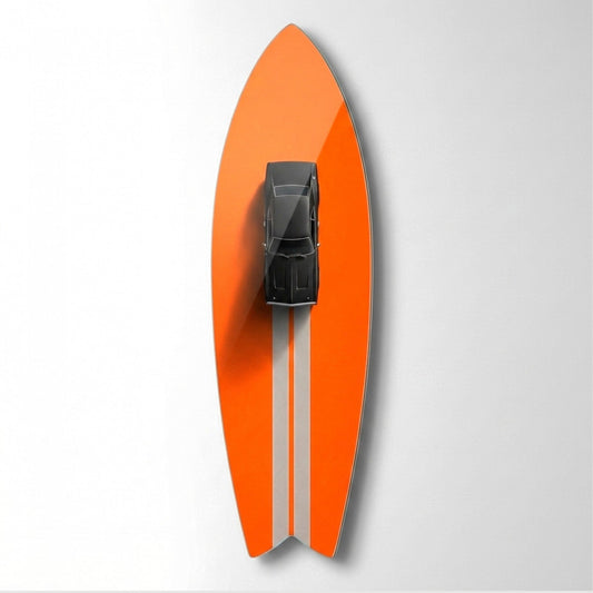 Klasik Siyah Spor Araba ve Turuncu Minimalist Duvar Dekoru Surf Board Cam Tablo