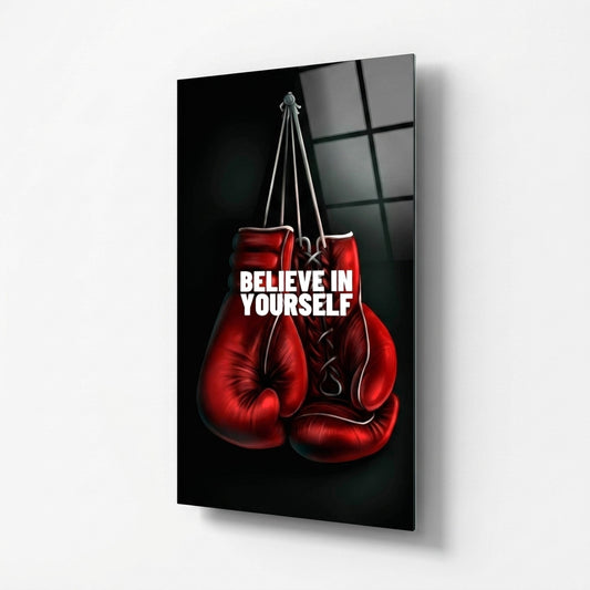 Kırmızı Boks Eldiveni Motivasyon Sözlü Dikey Cam Tablo