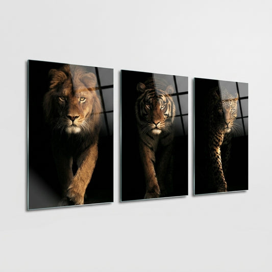 Aslan Kaplan Leopar Seti Dikey 3'lü Set Cam Tablo