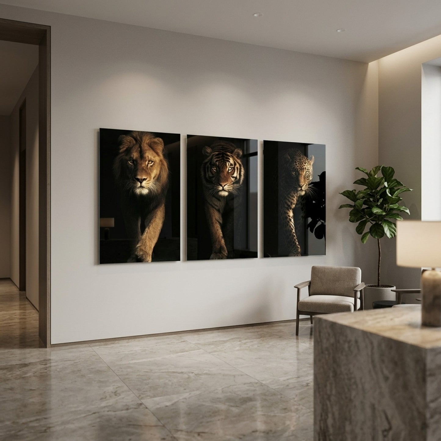 Aslan Kaplan Leopar Seti Dikey 3'lü Set Cam Tablo