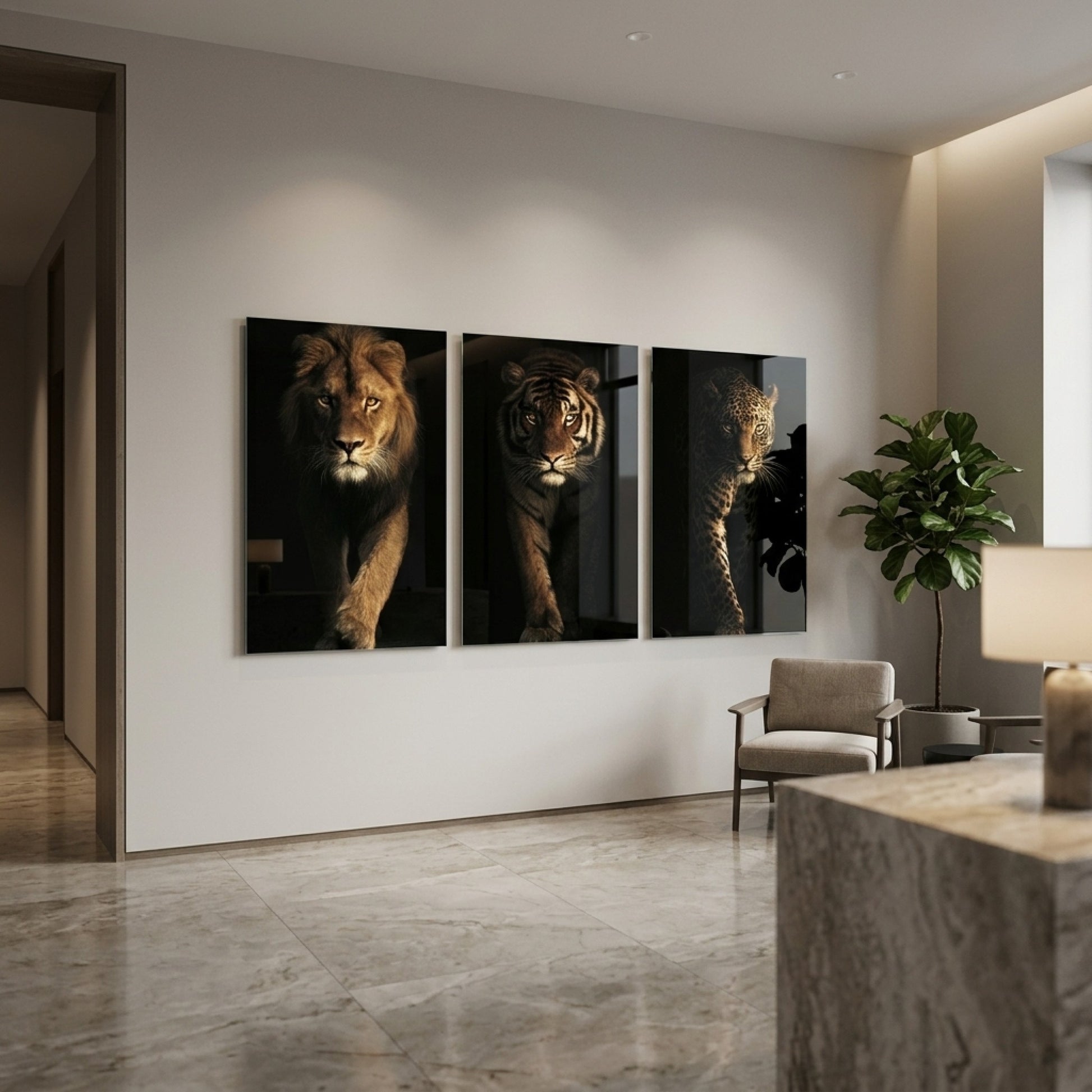 Aslan Kaplan Leopar Seti Dikey 3'lü Set Cam Tablo