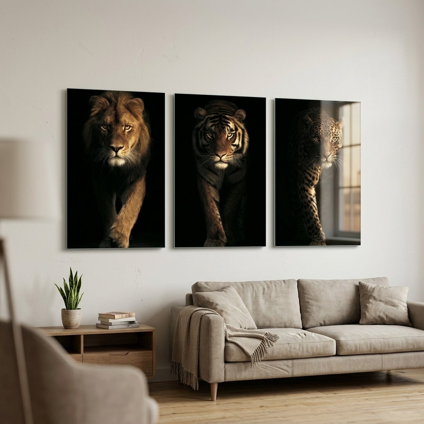 Aslan Kaplan Leopar Seti Dikey 3'lü Set Cam Tablo
