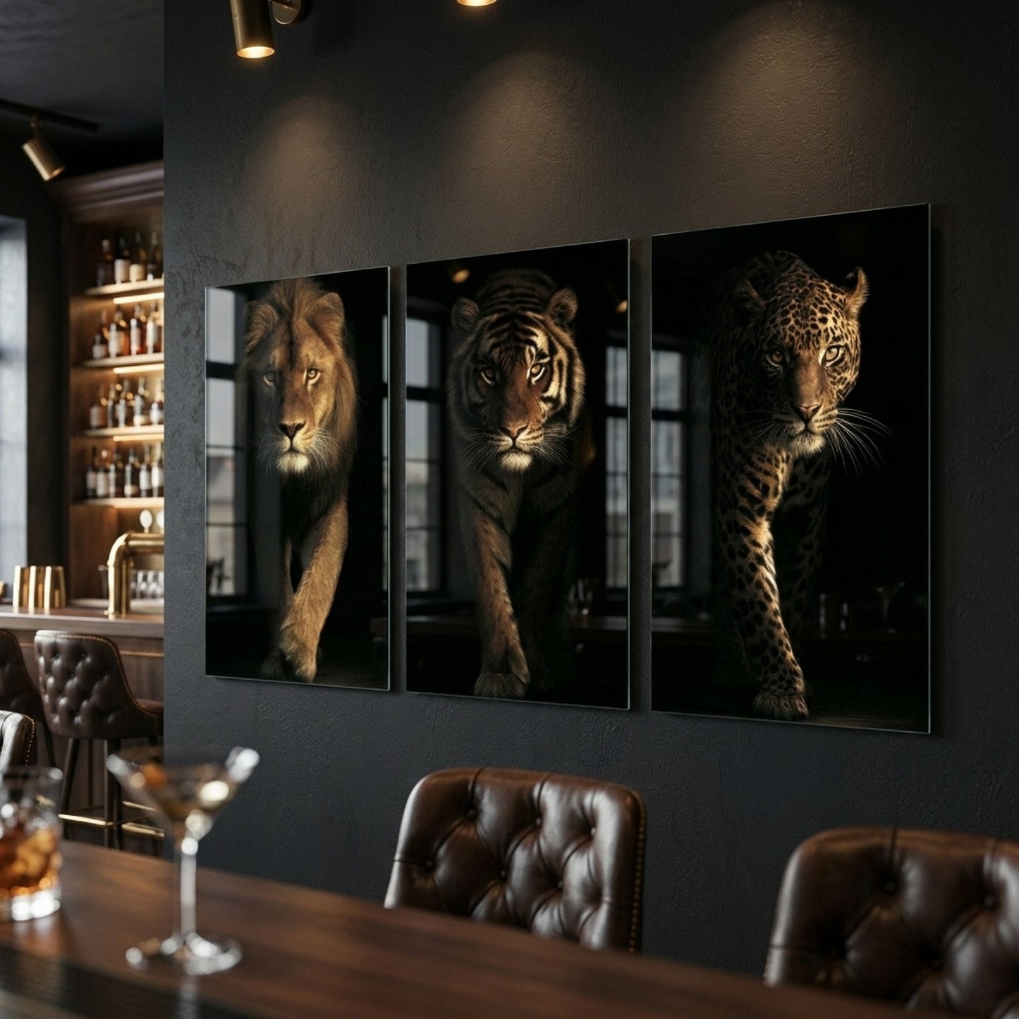 Aslan Kaplan Leopar Seti Dikey 3'lü Set Cam Tablo