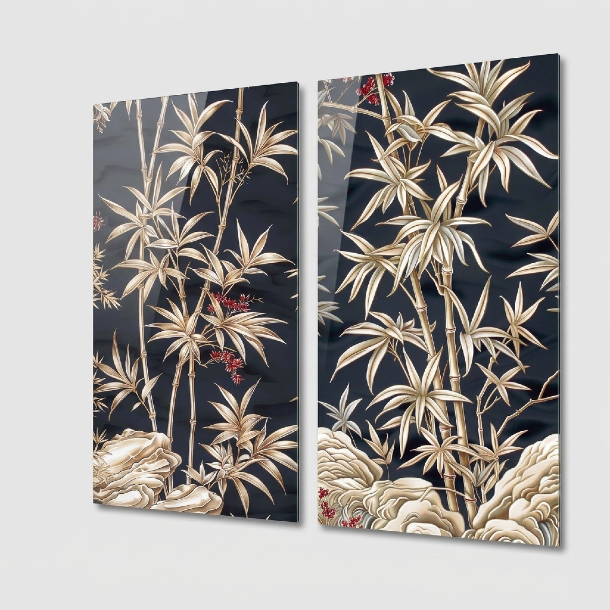 Modern Altın Bambu ve Kaya Motifli İkili Cam Panel Dikey 2'li Set Cam Tablo