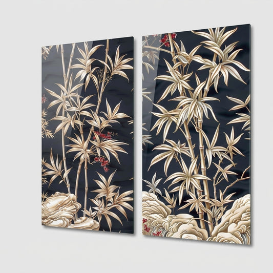 Modern Altın Bambu ve Kaya Motifli İkili Cam Panel Dikey 2'li Set Cam Tablo