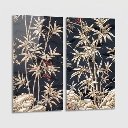 Modern Altın Bambu ve Kaya Motifli İkili Cam Panel Dikey 2'li Set Cam Tablo