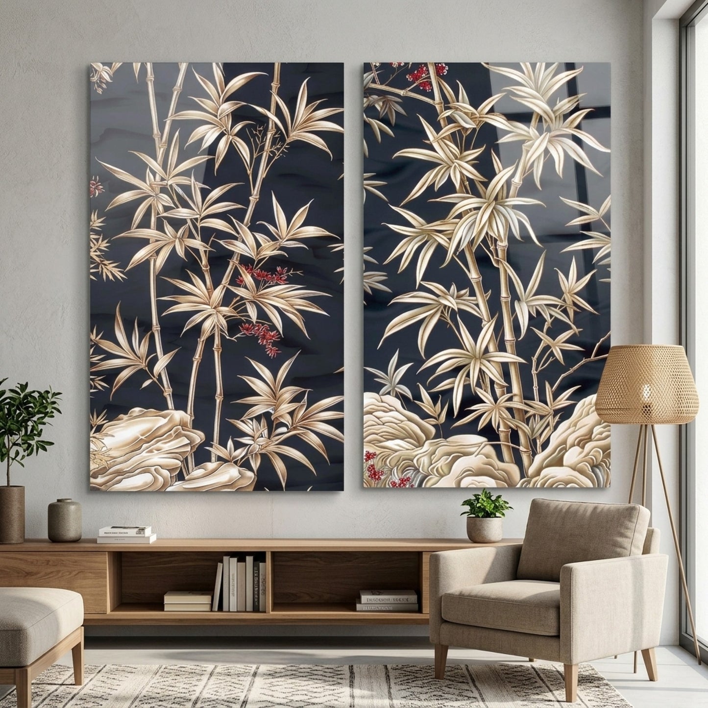 Modern Altın Bambu ve Kaya Motifli İkili Cam Panel Dikey 2'li Set Cam Tablo