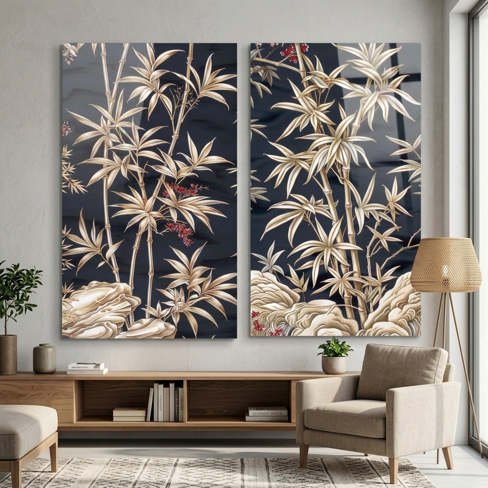 Modern Altın Bambu ve Kaya Motifli İkili Cam Panel Dikey 2'li Set Cam Tablo