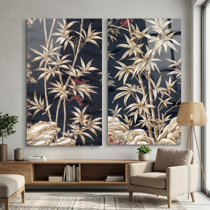 Modern Altın Bambu ve Kaya Motifli İkili Cam Panel Dikey 2'li Set Cam Tablo