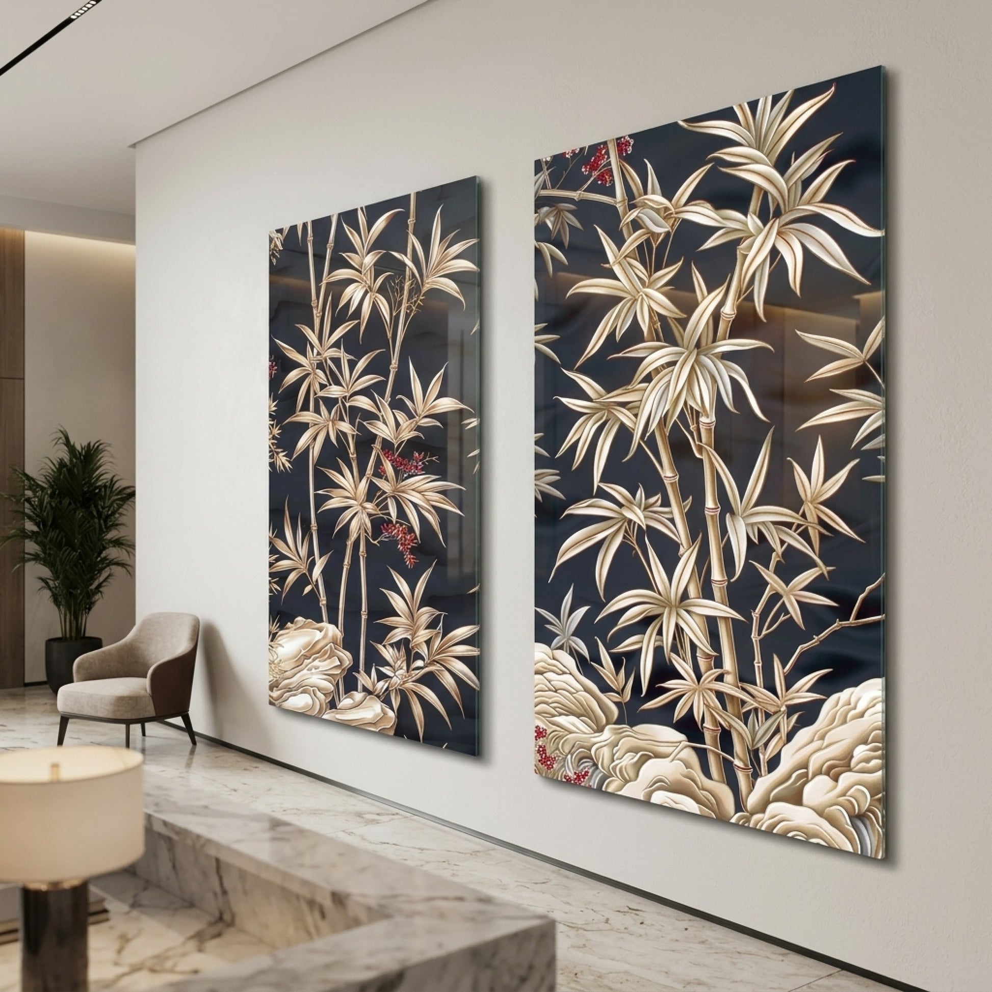 Modern Altın Bambu ve Kaya Motifli İkili Cam Panel Dikey 2'li Set Cam Tablo