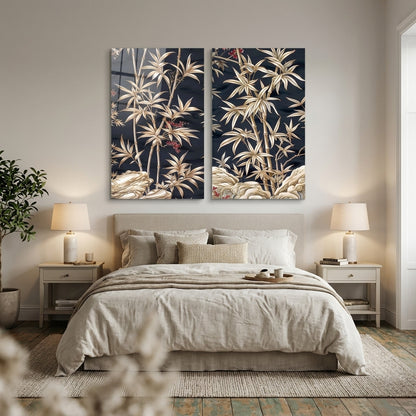 Modern Altın Bambu ve Kaya Motifli İkili Cam Panel Dikey 2'li Set Cam Tablo