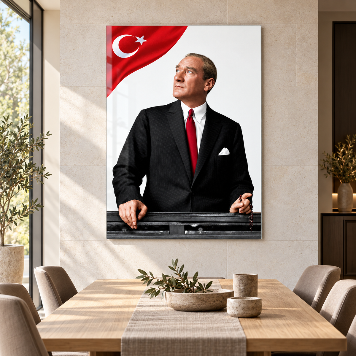 Beyaz Fonda Türk Bayraklı Atatürk Dikey Cam Tablo - Yemek odası