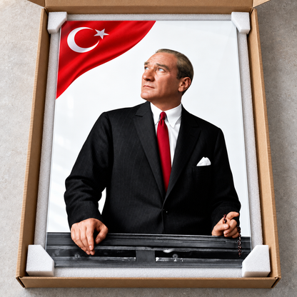 Beyaz Fonda Türk Bayraklı Atatürk Dikey Cam Tablo - Koruyucu paketleme