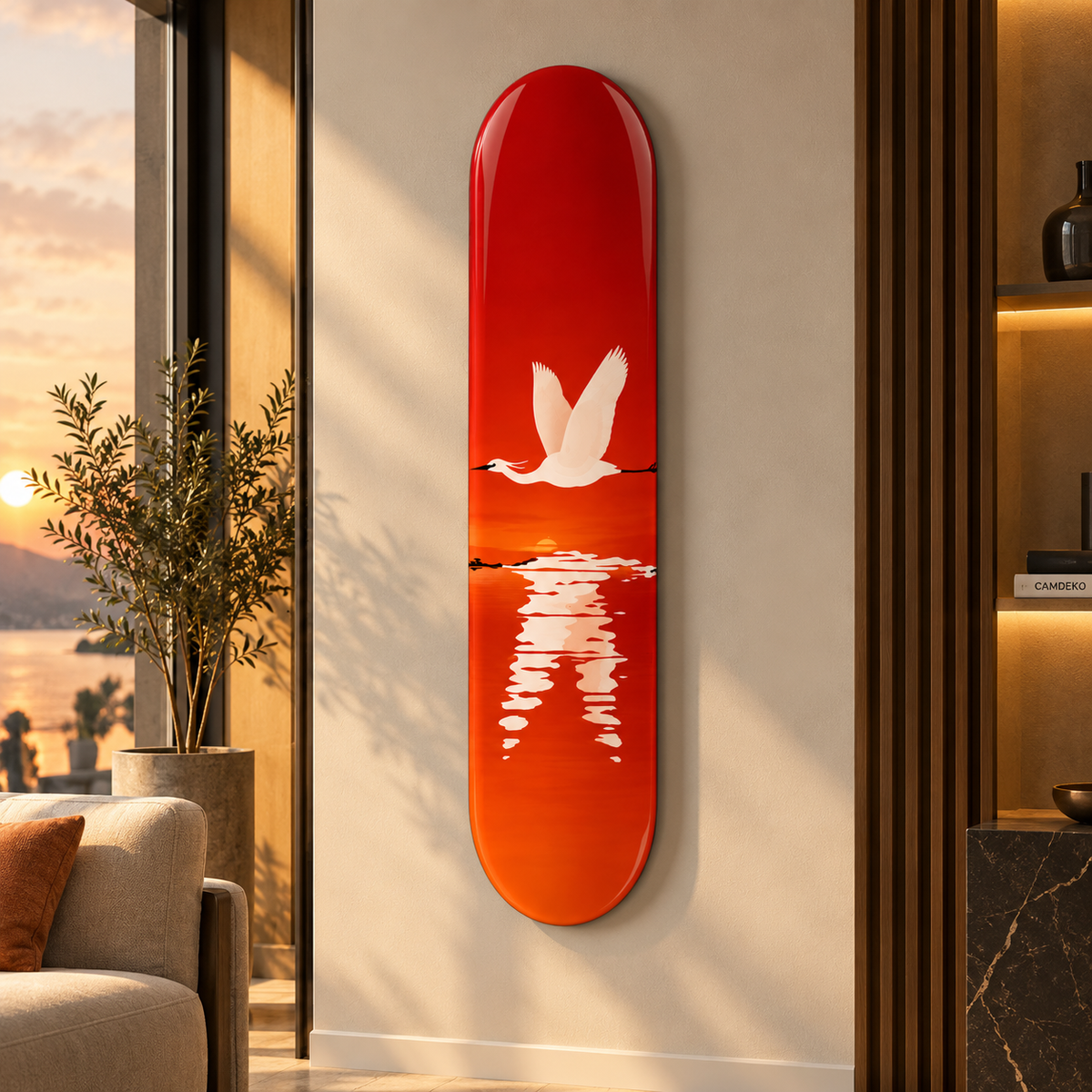 Premium salon - Beyaz turna kuşu kırmızı günbatımı Skate Board cam tablo