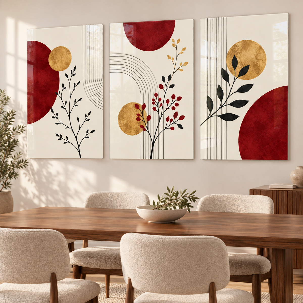 CAMDEKO Bordo ve Altın Botanik Üçlü Cam Tablo — Yemek odası