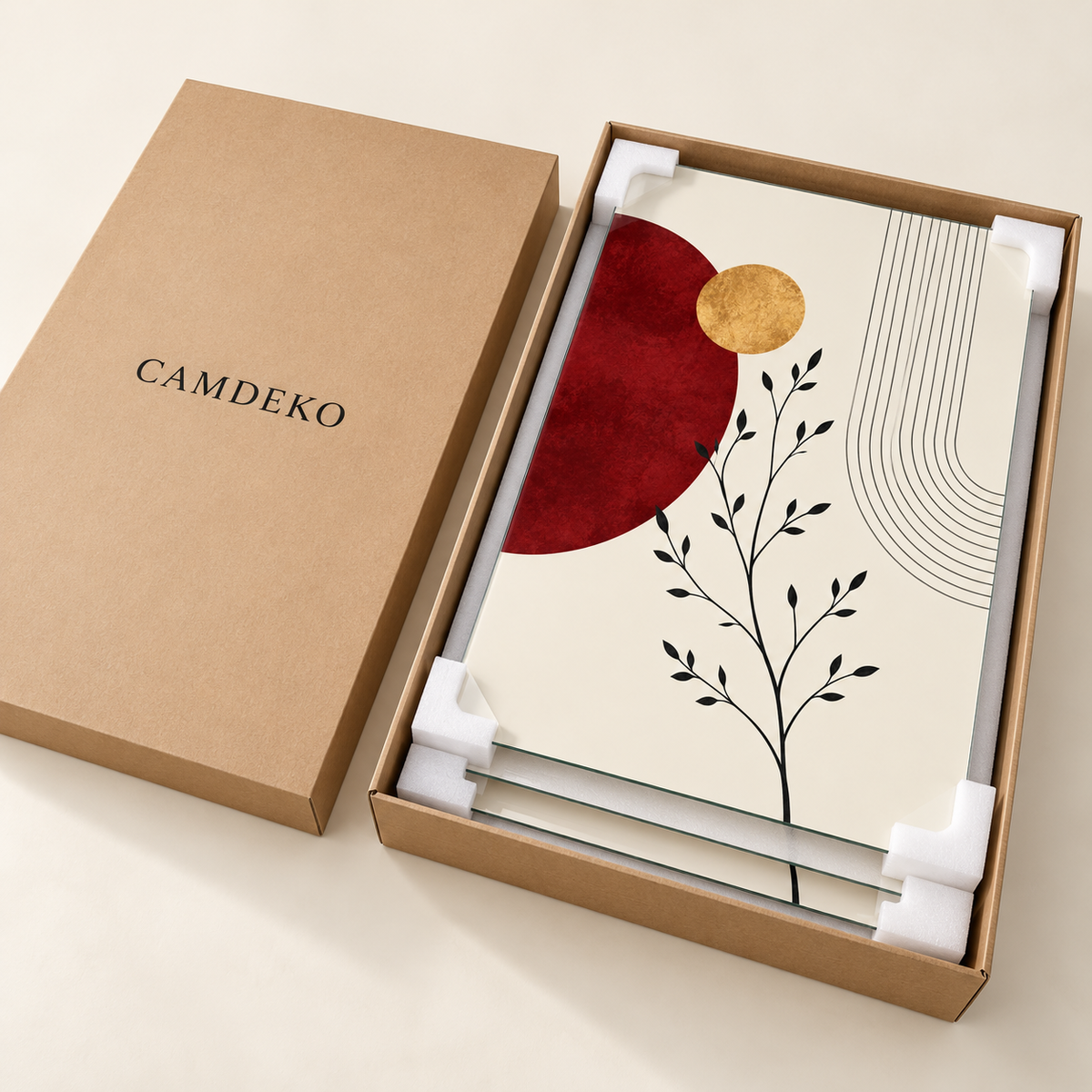 CAMDEKO Bordo ve Altın Botanik Üçlü Cam Tablo — CAMDEKO koruyucu ambalaj