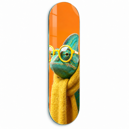Sarı atkılı gözlüklü bukalemun Skate Board cam tablo - beyaz zemin