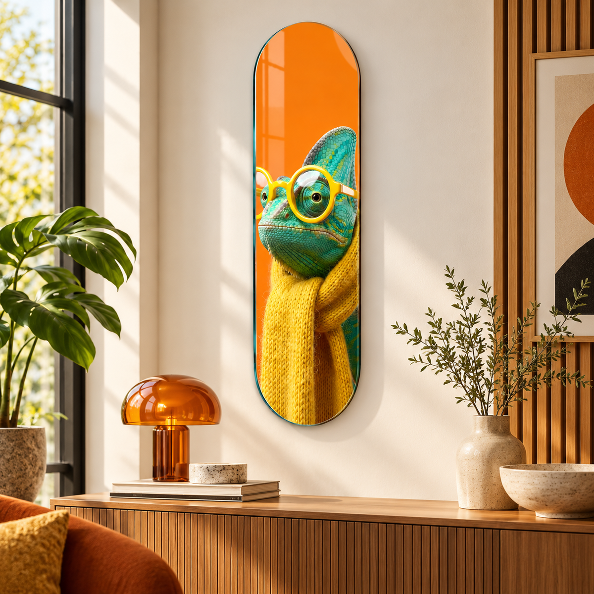 Sarı atkılı gözlüklü bukalemun Skate Board cam tablo - alternatif premium mekan
