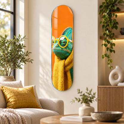 Sarı atkılı gözlüklü bukalemun Skate Board cam tablo - premium mekan