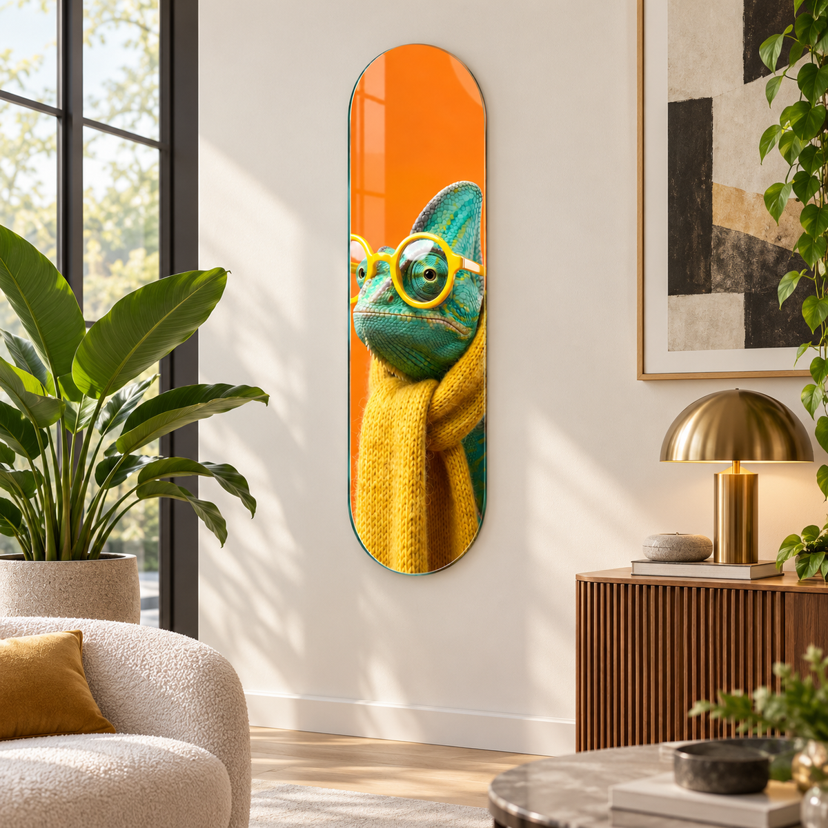 Sarı atkılı gözlüklü bukalemun Skate Board cam tablo - farklı premium mekan