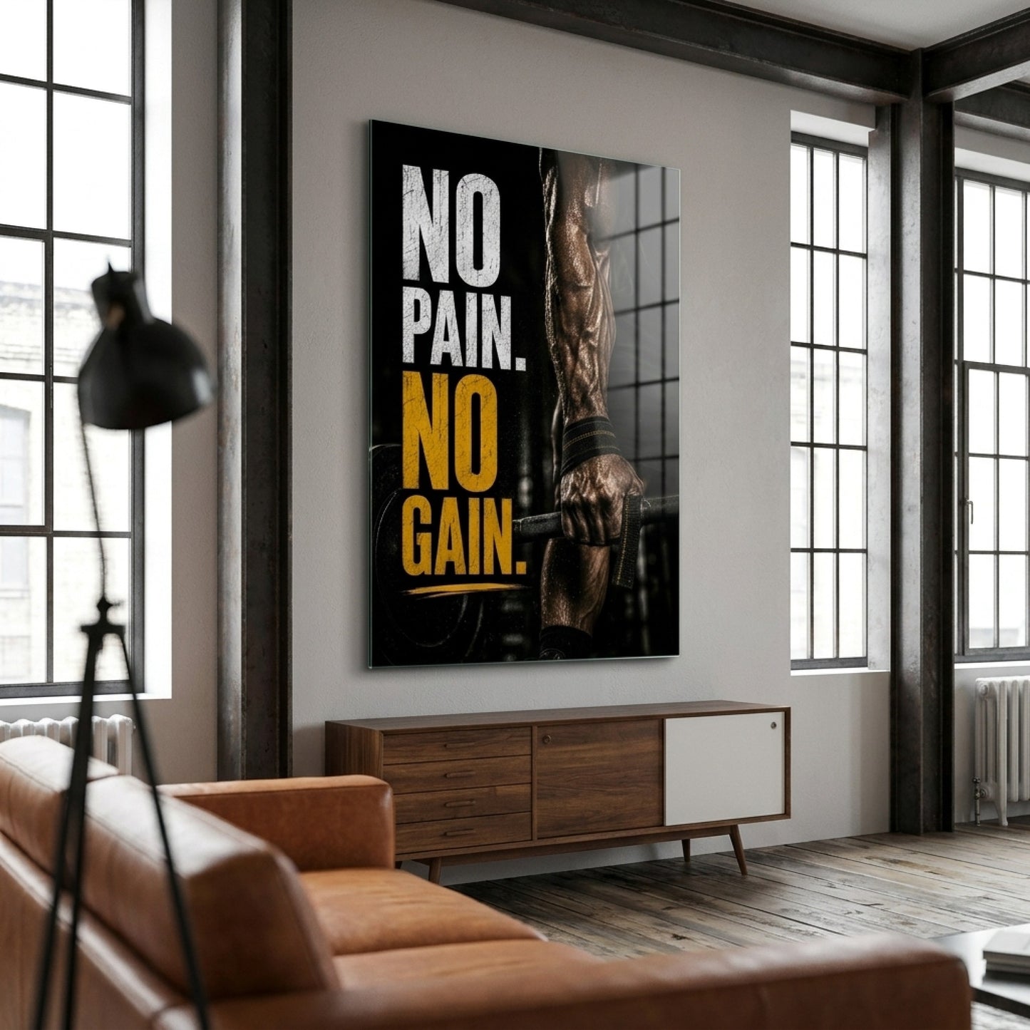 Kaslı Kol ve Halter Motivasyon Yazılı Dikey Cam Tablo
