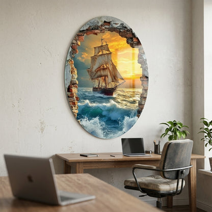 Tuğla Duvarda Yelkenli Gemisi Oval Dikey Cam Tablo