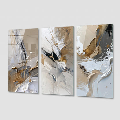 Modern Altın Varak Dokulu Soyut Sanat Dikey 3'lü Set Cam Tablo