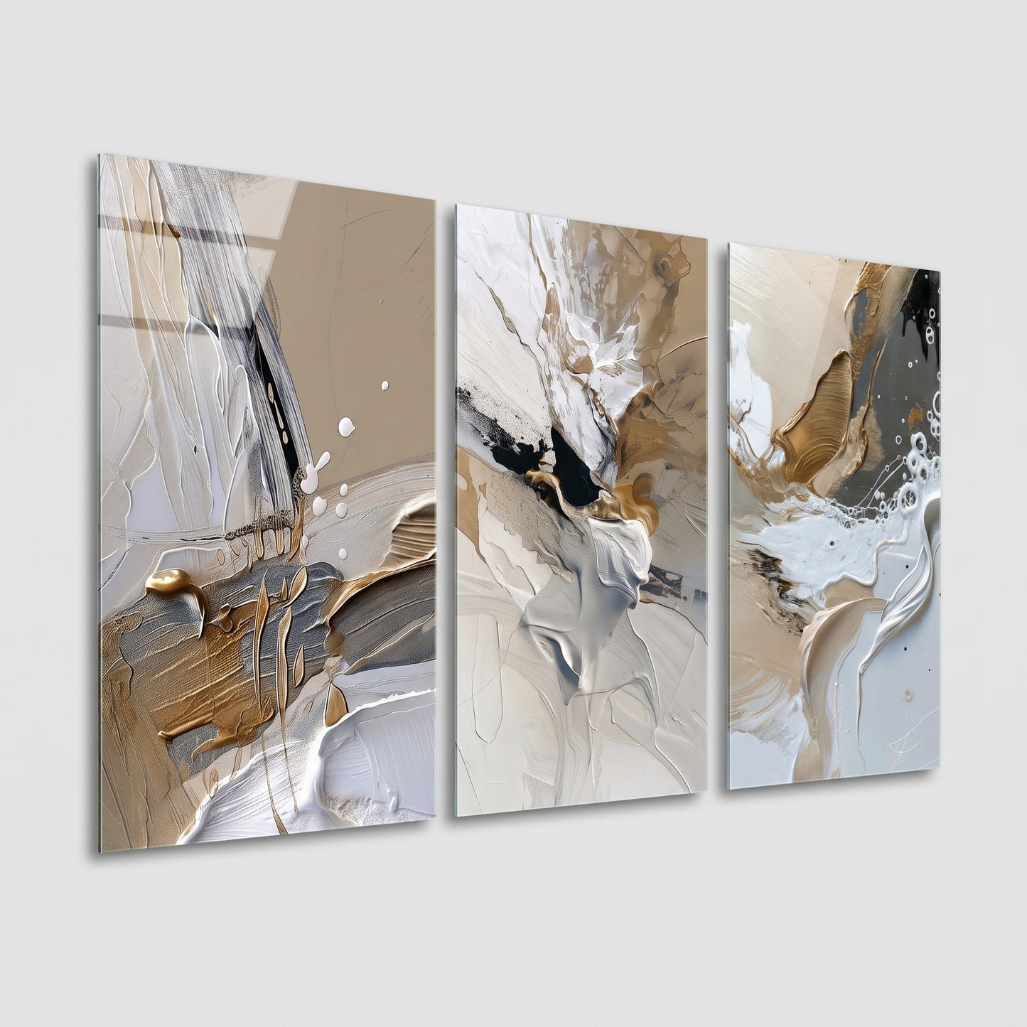 Modern Altın Varak Dokulu Soyut Sanat Dikey 3'lü Set Cam Tablo