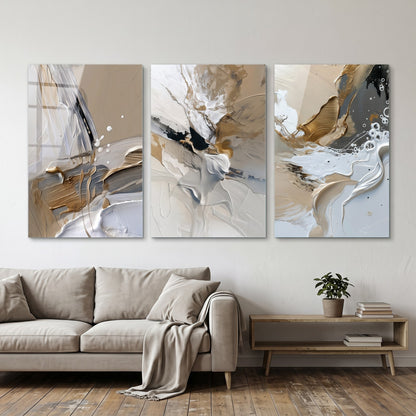 Modern Altın Varak Dokulu Soyut Sanat Dikey 3'lü Set Cam Tablo