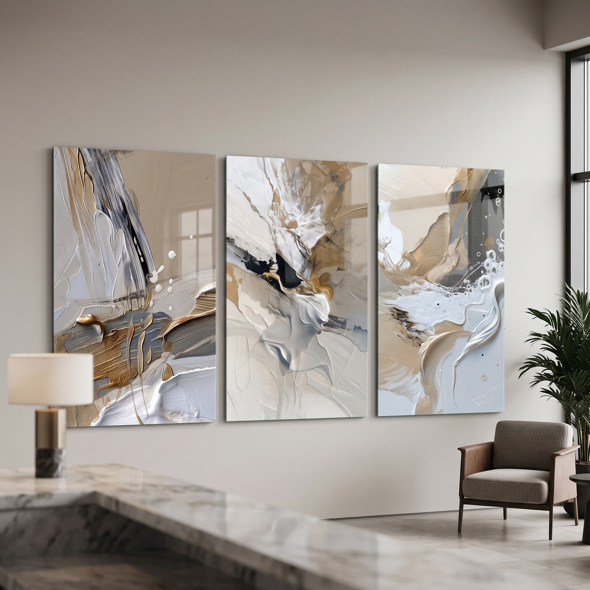 Modern Altın Varak Dokulu Soyut Sanat Dikey 3'lü Set Cam Tablo
