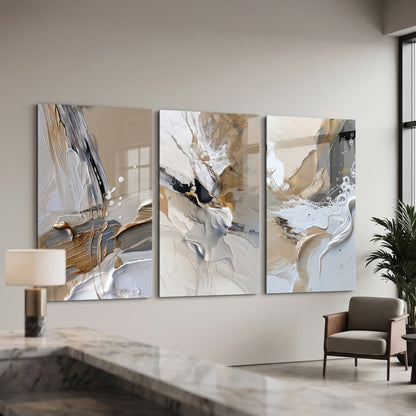 Modern Altın Varak Dokulu Soyut Sanat Dikey 3'lü Set Cam Tablo