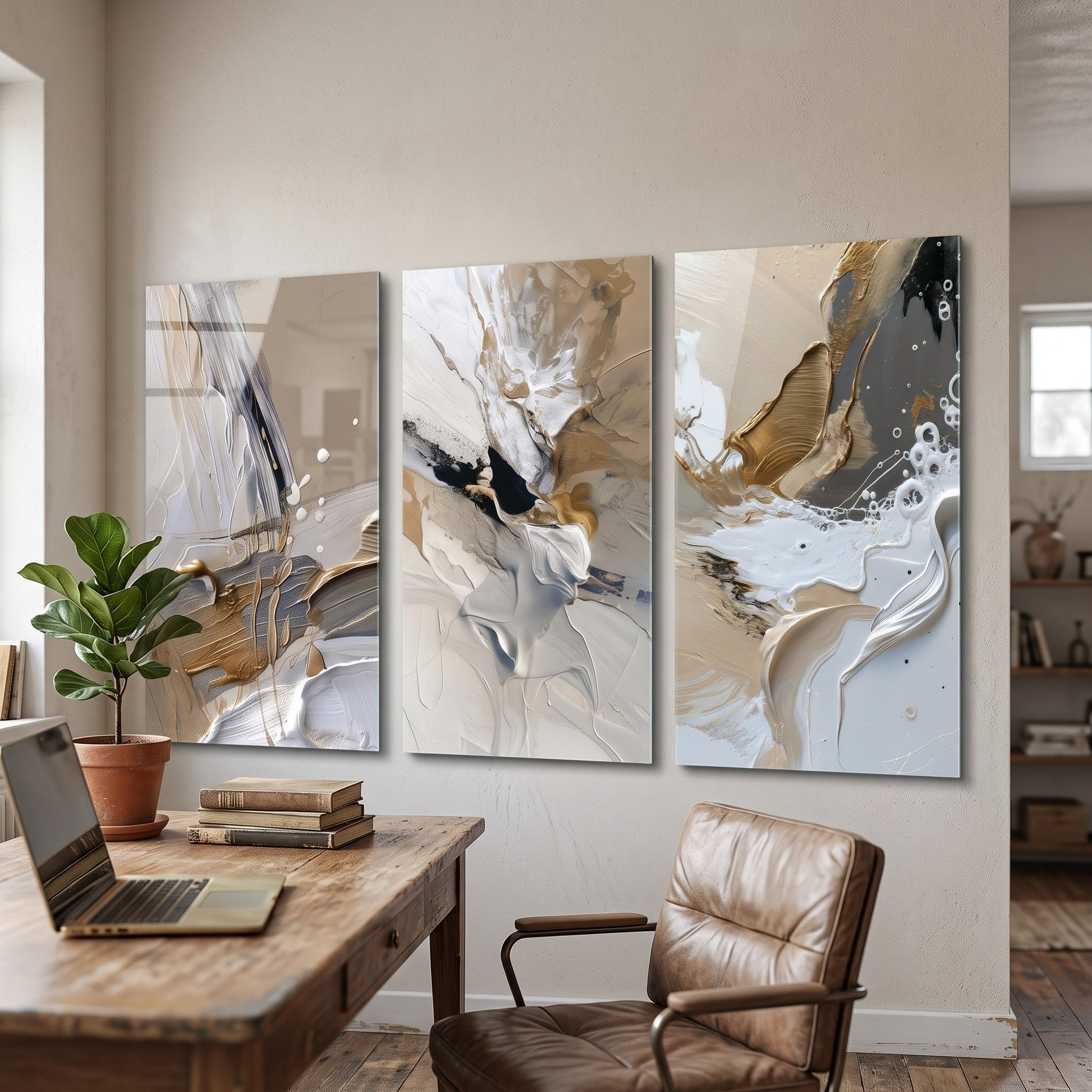 Modern Altın Varak Dokulu Soyut Sanat Dikey 3'lü Set Cam Tablo