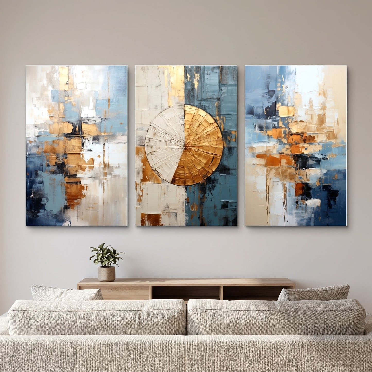 Modern Altın Mavi Geometrik Soyut Dikey 3'lü Set Cam Tablo