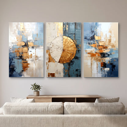 Modern Altın Mavi Geometrik Soyut Dikey 3'lü Set Cam Tablo