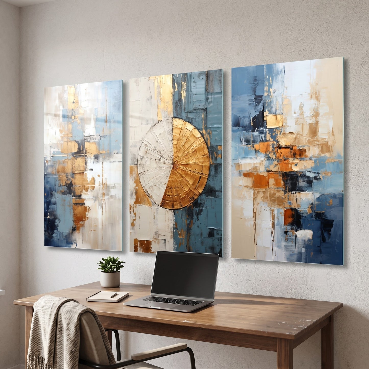 Modern Altın Mavi Geometrik Soyut Dikey 3'lü Set Cam Tablo