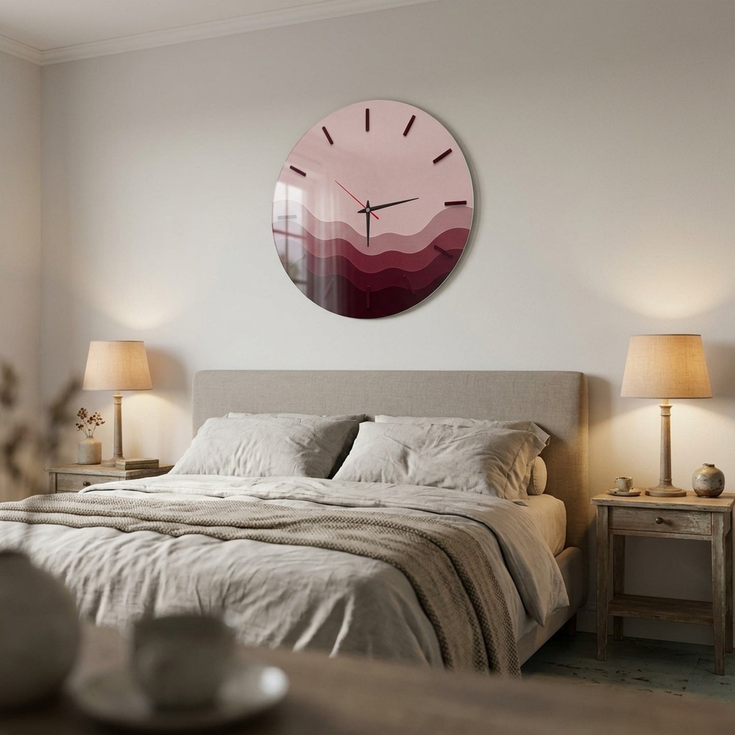 Modern Bordo Tonları Minimal Saat Cam Saat