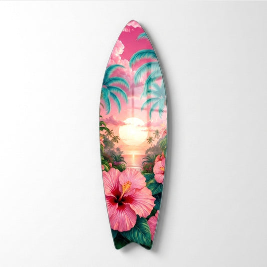Tropik Gün Batımı Hibiskus Çiçekleri ve Palmiyeler Surf Board Cam Tablo