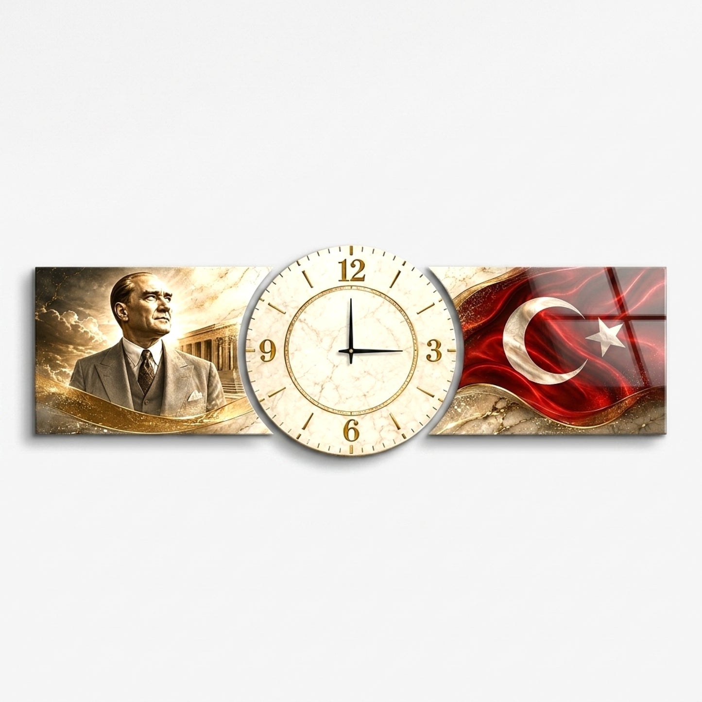 Atatürk Anıtkabir ve Bayraklı Saatli Şekilli Kesim Saat Cam Saat