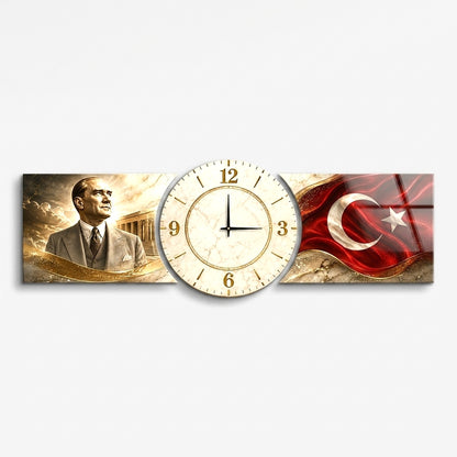 Atatürk Anıtkabir ve Bayraklı Saatli Şekilli Kesim Saat Cam Saat