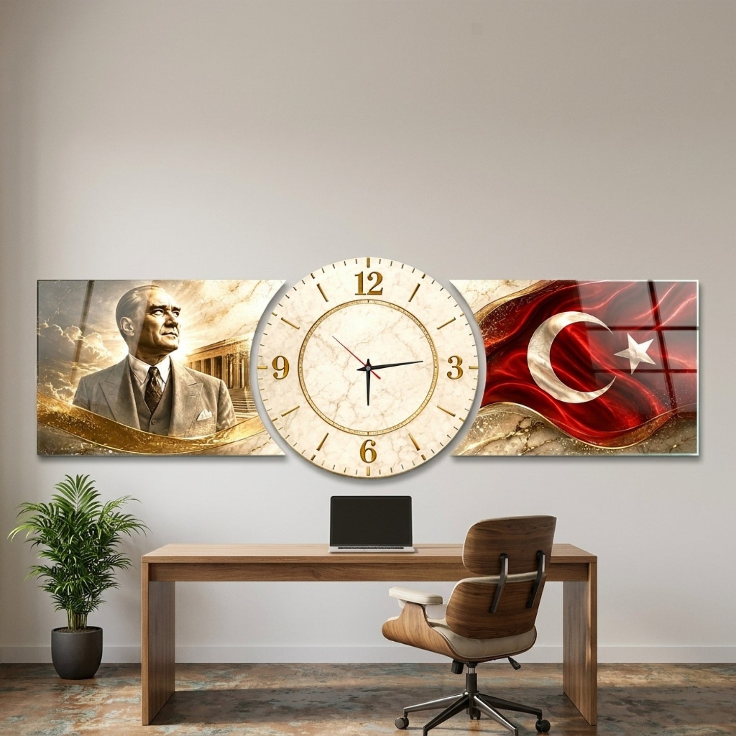 Atatürk Anıtkabir ve Bayraklı Saatli Şekilli Kesim Saat Cam Saat