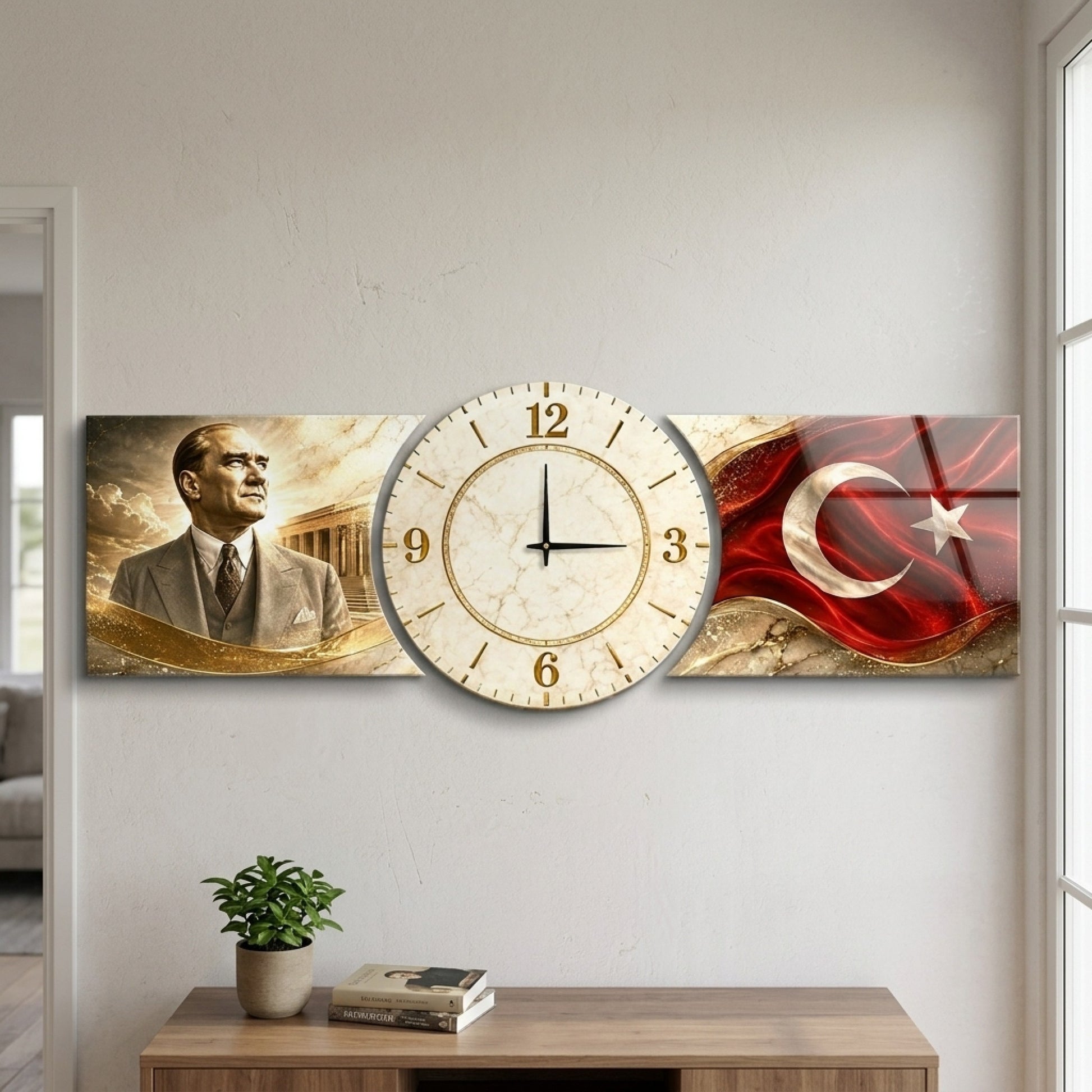 Atatürk Anıtkabir ve Bayraklı Saatli Şekilli Kesim Saat Cam Saat