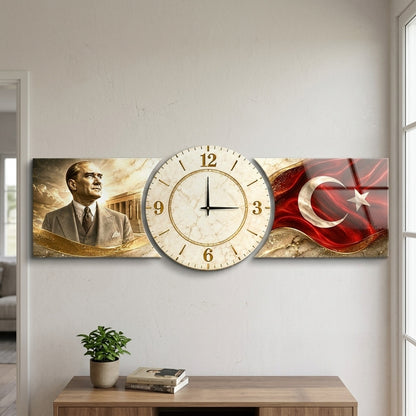 Atatürk Anıtkabir ve Bayraklı Saatli Şekilli Kesim Saat Cam Saat