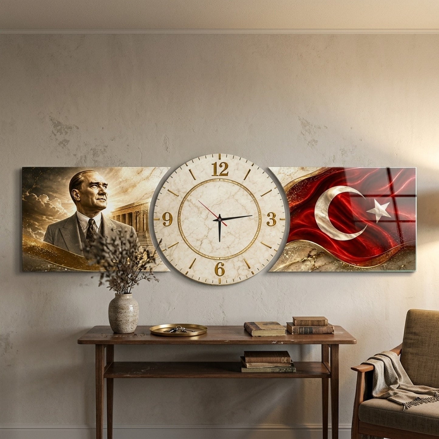 Atatürk Anıtkabir ve Bayraklı Saatli Şekilli Kesim Saat Cam Saat