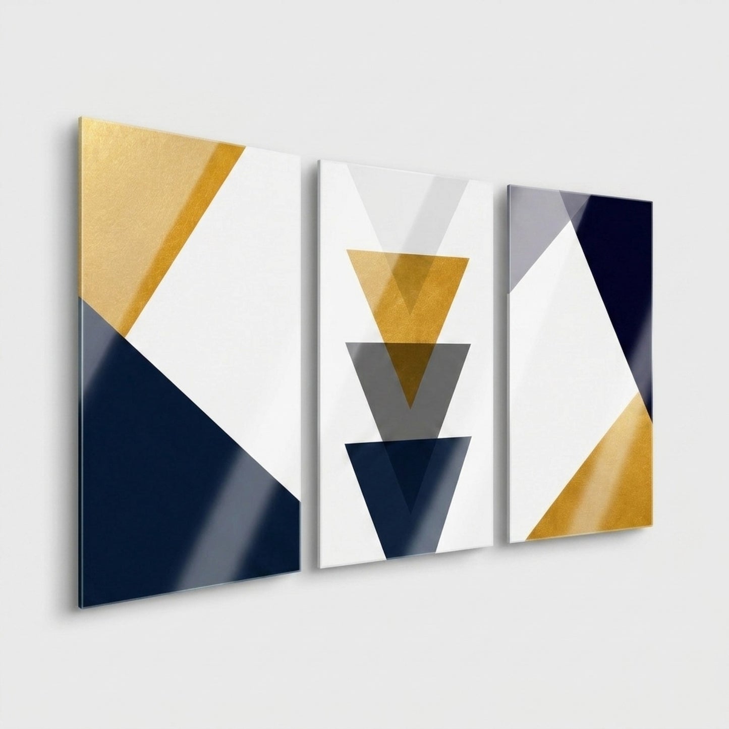 Lacivert Altın Geometrik 3 Panel Dikey 3'lü Set Cam Tablo