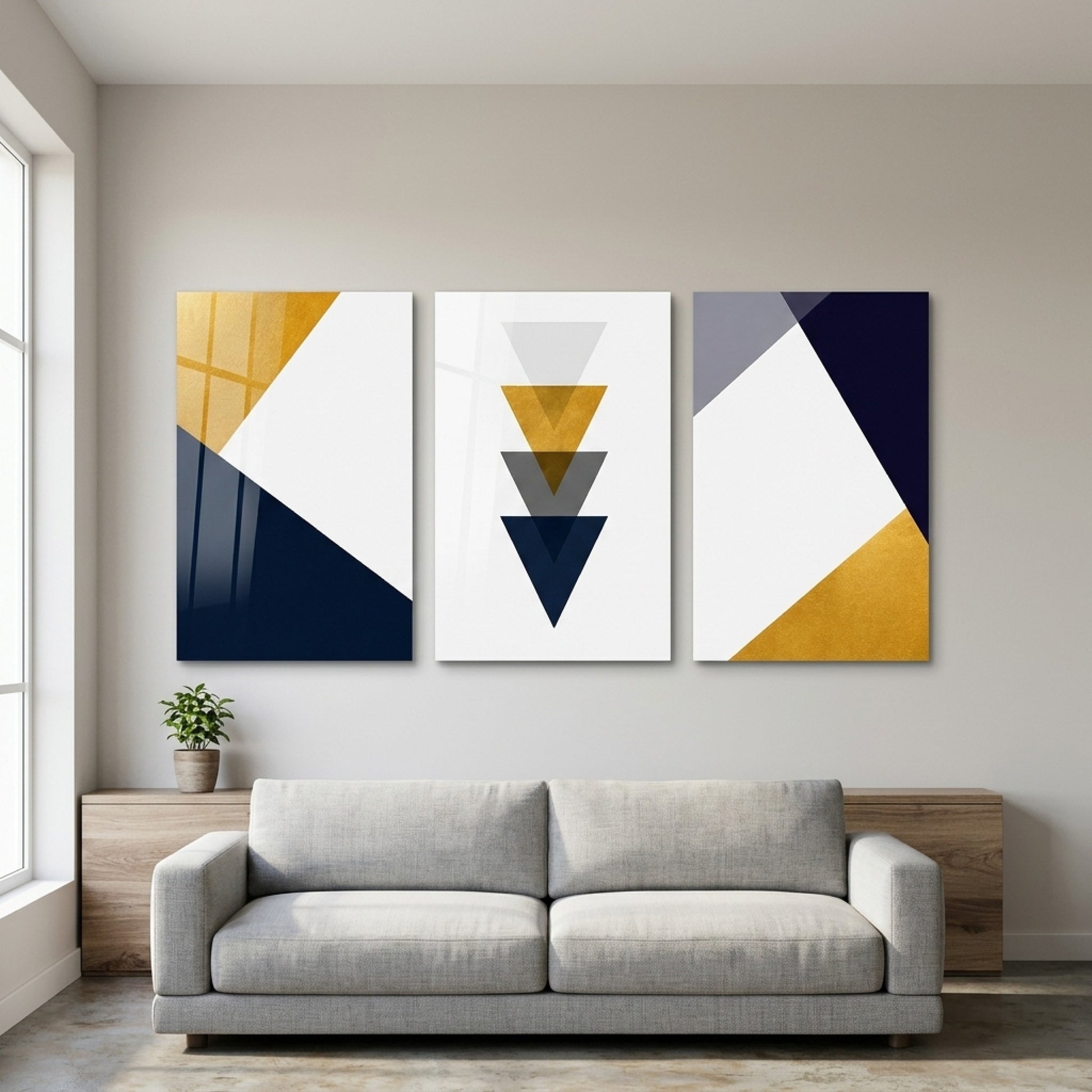 Lacivert Altın Geometrik 3 Panel Dikey 3'lü Set Cam Tablo