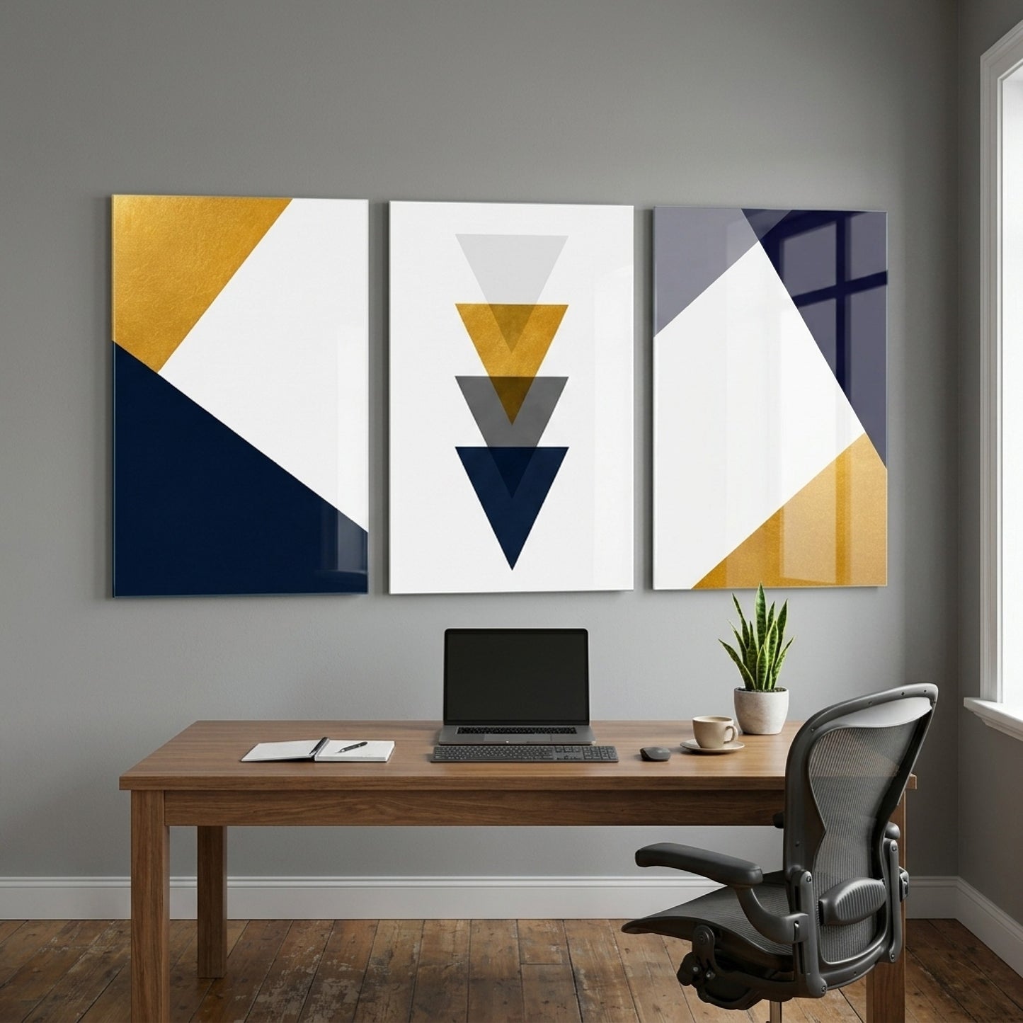 Lacivert Altın Geometrik 3 Panel Dikey 3'lü Set Cam Tablo