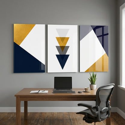 Lacivert Altın Geometrik 3 Panel Dikey 3'lü Set Cam Tablo