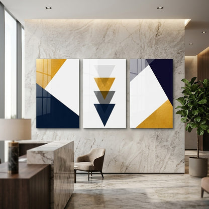 Lacivert Altın Geometrik 3 Panel Dikey 3'lü Set Cam Tablo