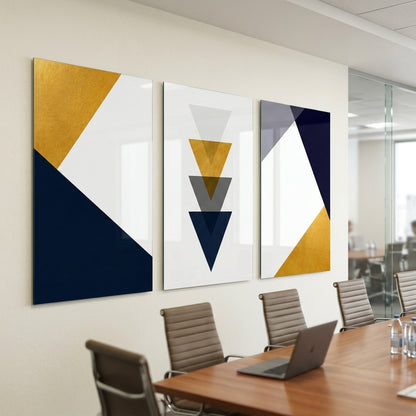 Lacivert Altın Geometrik 3 Panel Dikey 3'lü Set Cam Tablo