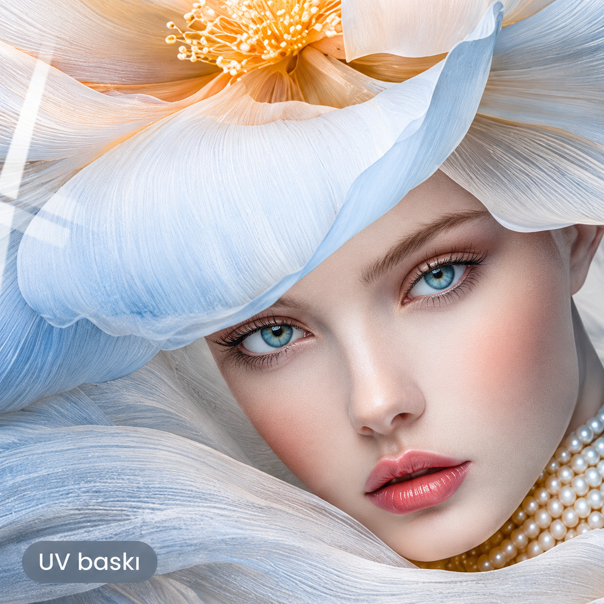 İncili ve Beyaz Çiçekli Kadın - UV baskı detayı
